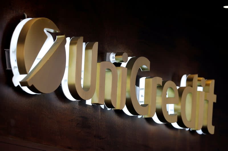 FILE PHOTO: Unicredit bank logo is seen in the old city centre of Siena