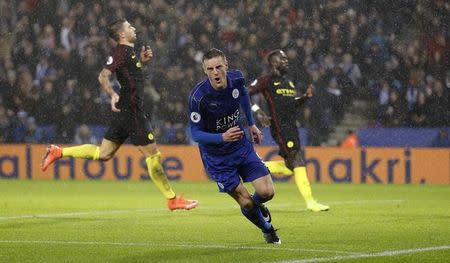 Football Soccer Britain - Leicester City v Manchester City - Premier League - King Power Stadium - 10/12/16 Leicester City's Jamie Vardy celebrates scoring their third goal Reuters / Darren Staples Livepic