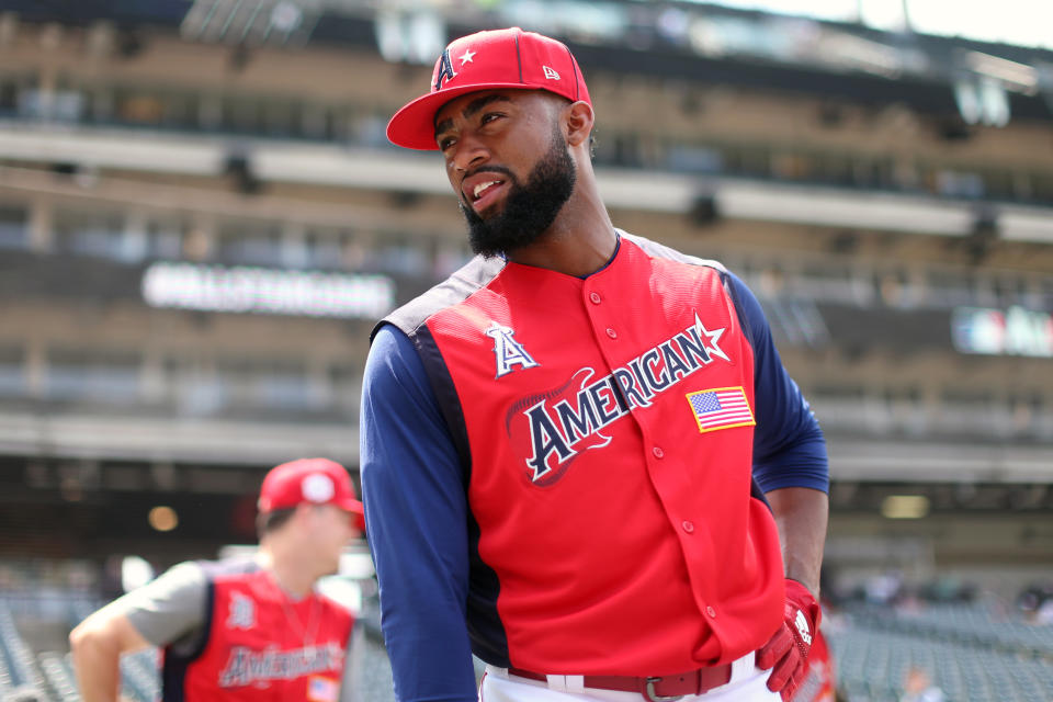 CLEVELAND, OH - JULY 07: Jo Adell #25 of the American League Futures Team looks on during batting practice prior to the SiriusXM All-Star Futures Game at Progressive Field on Sunday, July 7, 2019 in Cleveland, Ohio. (Photo by Rob Tringali/MLB Photos via Getty Images)