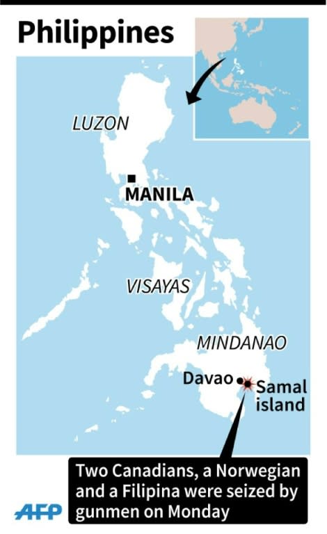 Map of the Philippines locating Samal island where three foreigners and a Filipina were kidnapped by gunmen on Monday