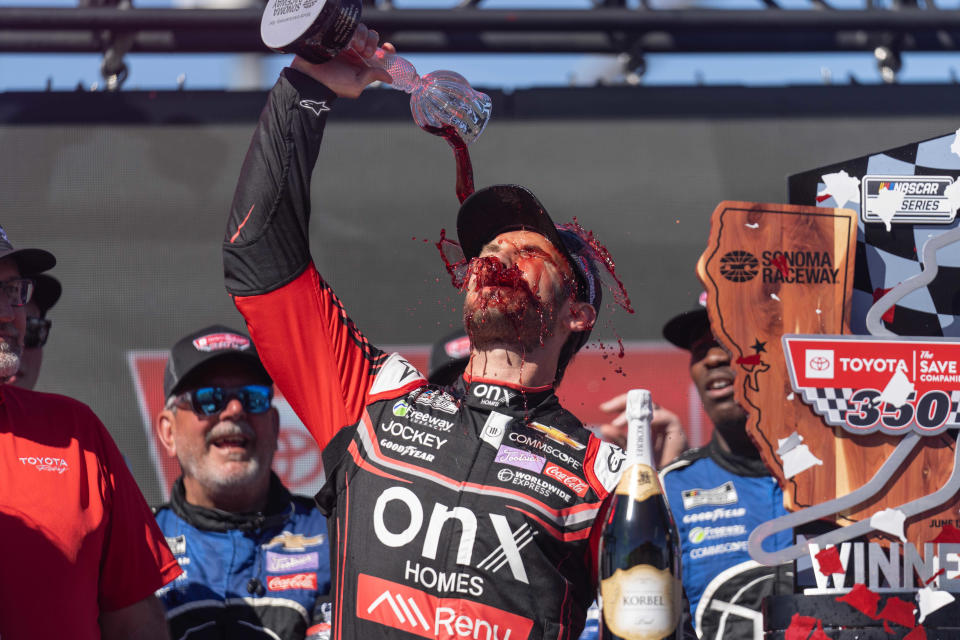 June 12: Daniel Suarez douses himself with win after winning the Toyota/Save Mart 350 at Sonoma Raceway.