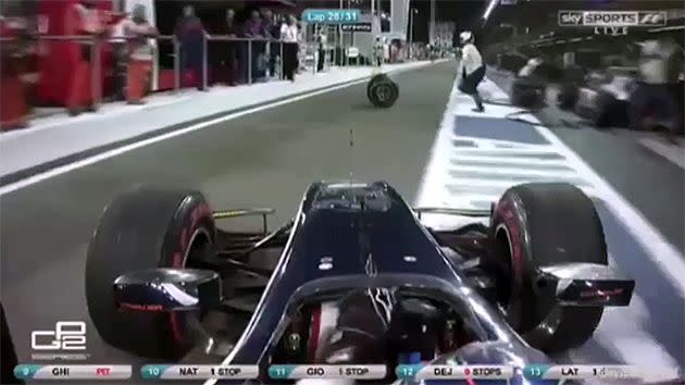 The stray wheel rolls onto the track. Pic: Sky Sports