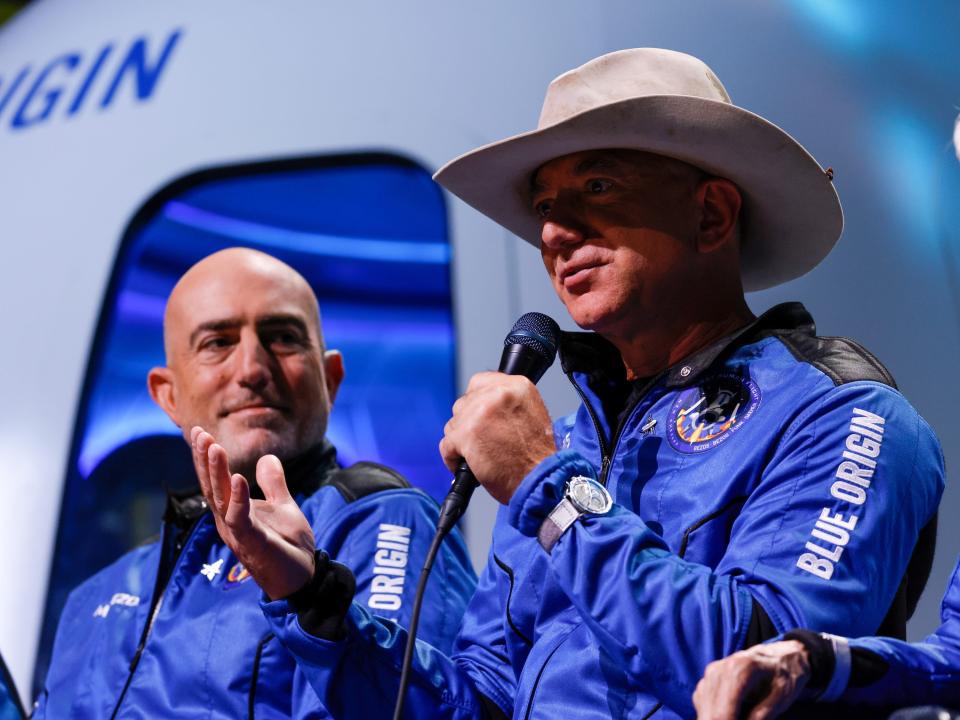 Jeff Bezos speaks after returning from his flight to space in July 2021.