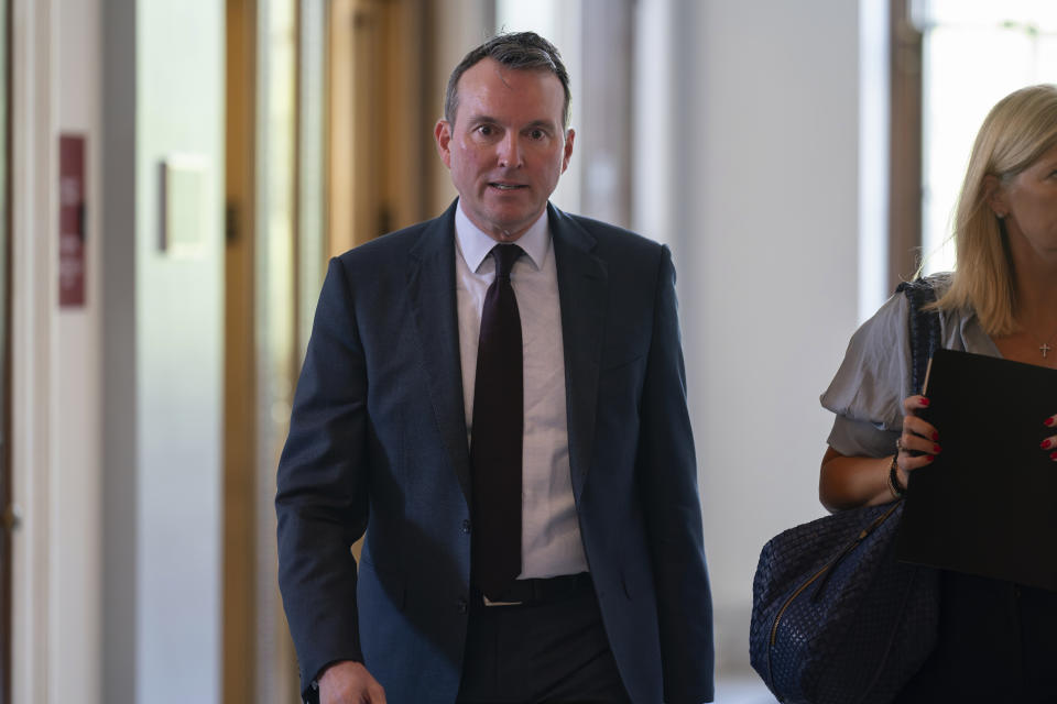 Eric Fanning, president and CEO of the Aerospace Industries Association, arrives as Senate Majority Leader Chuck Schumer, D, N.Y., convenes a closed-door gathering of leading tech CEOs to discuss the priorities and risks surrounding artificial intelligence and how it should be regulated, at the Capitol in Washington, Wednesday, Sept. 13, 2023. (AP Photo/J. Scott Applewhite)