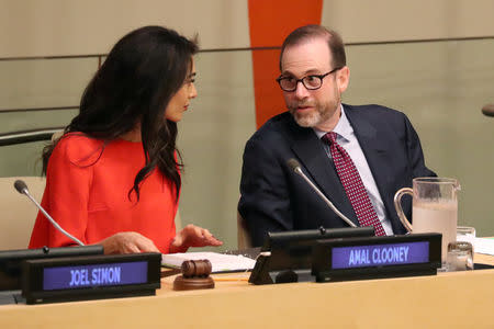 Reuters Editor-in-Chief Stephen Adler and attorney Amal Clooney participate in the Press Behind Bars: Undermining Justice and Democracy event at the 73rd session of the United Nations General Assembly at U.N. headquarters in New York, U.S., September 28, 2018. REUTERS/Shannon Stapleton