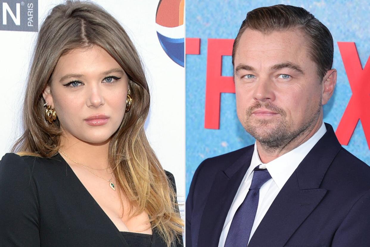 Victoria Lamas attends the 4th annual Roger Neal Oscar Viewing Dinner Icon Awards and after party at Hollywood Palladium on February 24, 2019 in Los Angeles, California. (Photo by Michael Tullberg/Getty Images) ; Leonardo DiCaprio attends the world premiere of Netflix's "Don't Look Up" on December 05, 2021 in New York City. (Photo by Theo Wargo/WireImage,)