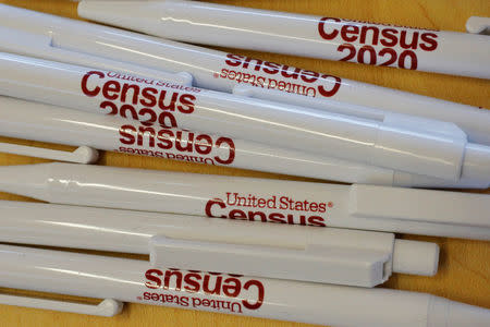 FILE PHOTO: Pens are available at an event for community activists and local government leaders to mark the one-year-out launch of the 2020 Census efforts in Boston, Massachusetts, U.S., April 1, 2019. REUTERS/Brian Snyder/File Photo