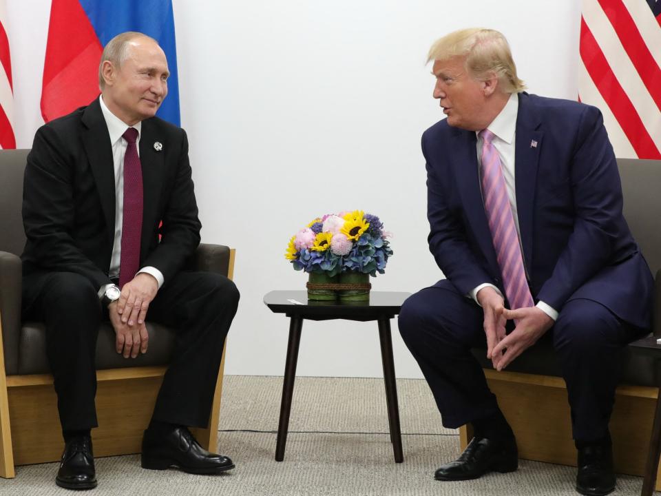 Russian President Vladimir Putin and US President Donald Trump at a meeting on the sidelines of the G20 summit in Osaka on June 28, 2019 (SPUTNIK/AFP via Getty Images)