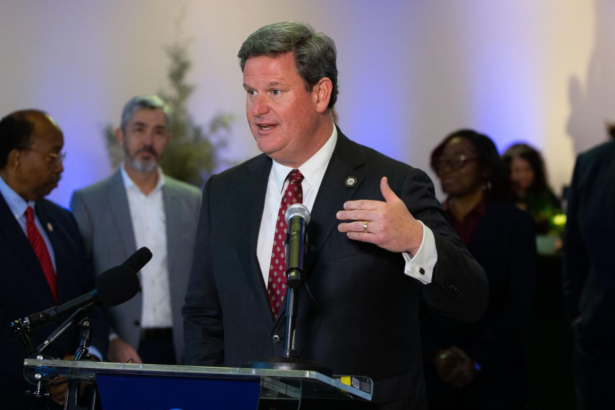 Mayor John Dailey speaks during a ribbon cutting ceremony celebrating the inaugural JetBlue flight on Thursday, Jan. 4, 2024.