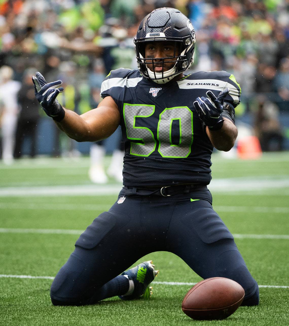 Seattle Seahawks outside linebacker K.J. Wright (50) celebrates batting down a pass during the fourth quarter. The Seattle Seahawks played the New Orleans Saints in a NFL football game at CenturyLink Field in Seattle, Wash., on Saturday, Sept. 21, 2019.