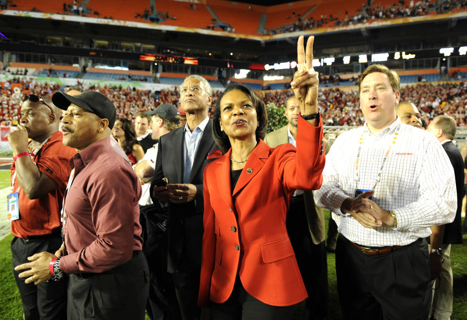 03 January 2011: Stanford faculty member Condoleezza Rice celebrates after the end of the Discover Orange Bowl game between Stanford Cardinal and the Virginia Tech Hokies at the Sun Life Stadium in Miami, Florida. Stanford defeated Virginia Tech with a score of 40-12. (Photo by Doug Murray/Icon SMI/Corbis/Icon Sportswire via Getty Images)