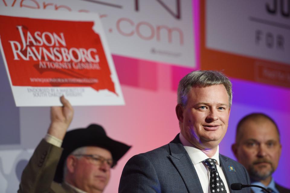 Incoming Attorney General Jason Ravnsborg addresses supporters Tuesday, Nov. 6, at the Hilton Garden Inn in Sioux Falls.