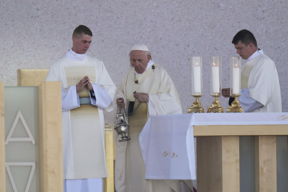 Pope Francis celebrates a Mass in the esplanade of the National Shrine in Sastin, Slovakia, Wednesday, Sept. 15, 2021. Pope Francis celebrated an open air Mass in Sastin, the site of an annual pilgrimage each September 15 to venerate Slovakia's patron, Our Lady of Sorrows. (AP Photo/Petr David Josek)