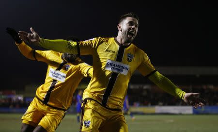 Britain Football Soccer - AFC Wimbledon v Sutton United - FA Cup Third Round Replay - The Cherry Red Records Stadium - 17/1/17 Sutton's Dan Fitchett celebrates scoring their third goal Action Images via Reuters / Peter Cziborra Livepic