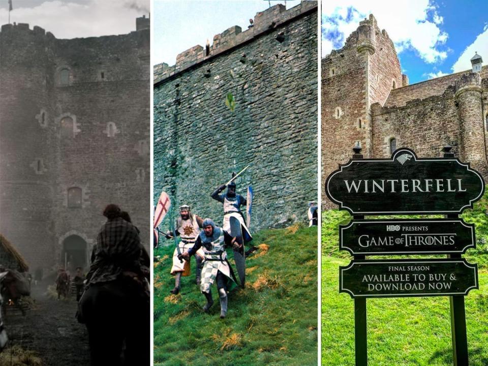 Collage of photos showing tv shows and movies filmed at at Doune Castle in Scotland, including "Outlander," "Monty Python and the Holy Grail," and "Game of Thrones."