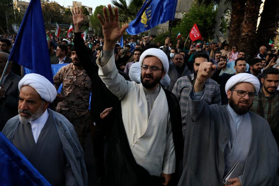 Iranian demonstrators chant slogans during their anti-Israeli gathering at the Felestin (Palestine) Sq. in Tehran (Copyright 2024 The Associated Press. All rights reserved)