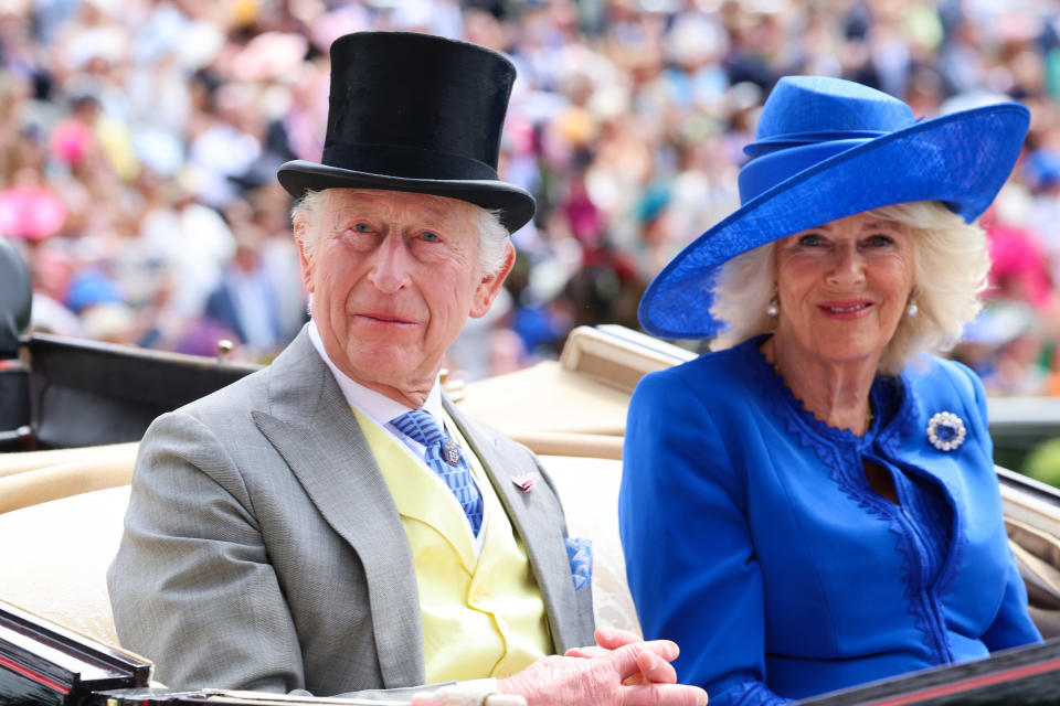ASCOT, ENGLAND - JUNE 18: King Charles III and Queen Camilla attend day one of Royal Ascot 2024 at Ascot Racecourse on June 18, 2024 in Ascot, England. (Photo by Chris Jackson/Getty Images)