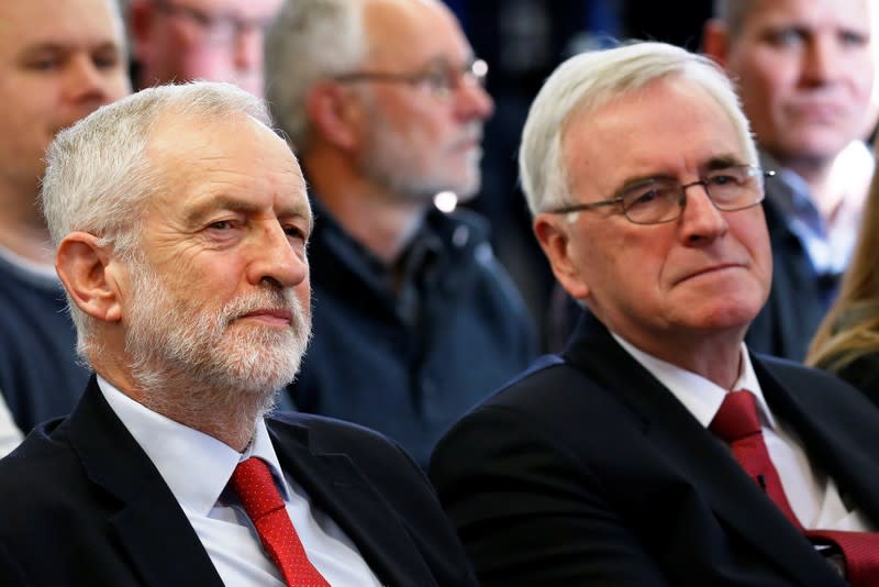 Britain's Labour Party leader Corbyn sits next to Shadow Chancellor McDonnell during a meeting in Lancaster