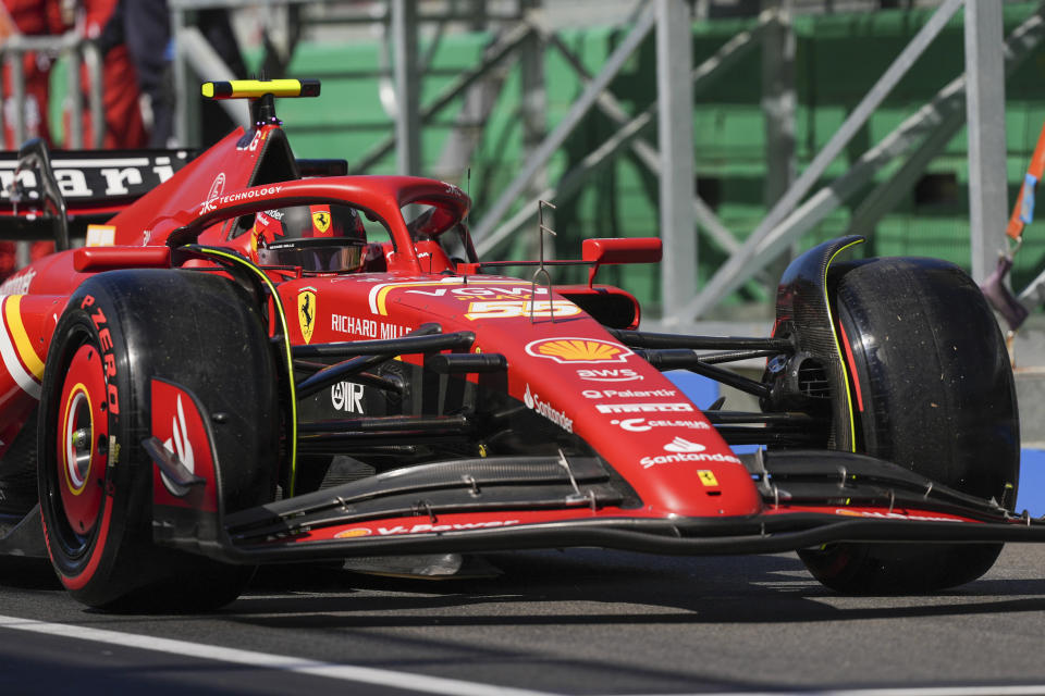 Ferrari driver Carlos Sainz of Spain drives out of pit lane during the first practice session of the Australian Formula One Grand Prix at Albert Park, in Melbourne, Australia, Friday, March 22, 2024. (AP Photo/Asanka Brendon Ratnayake)