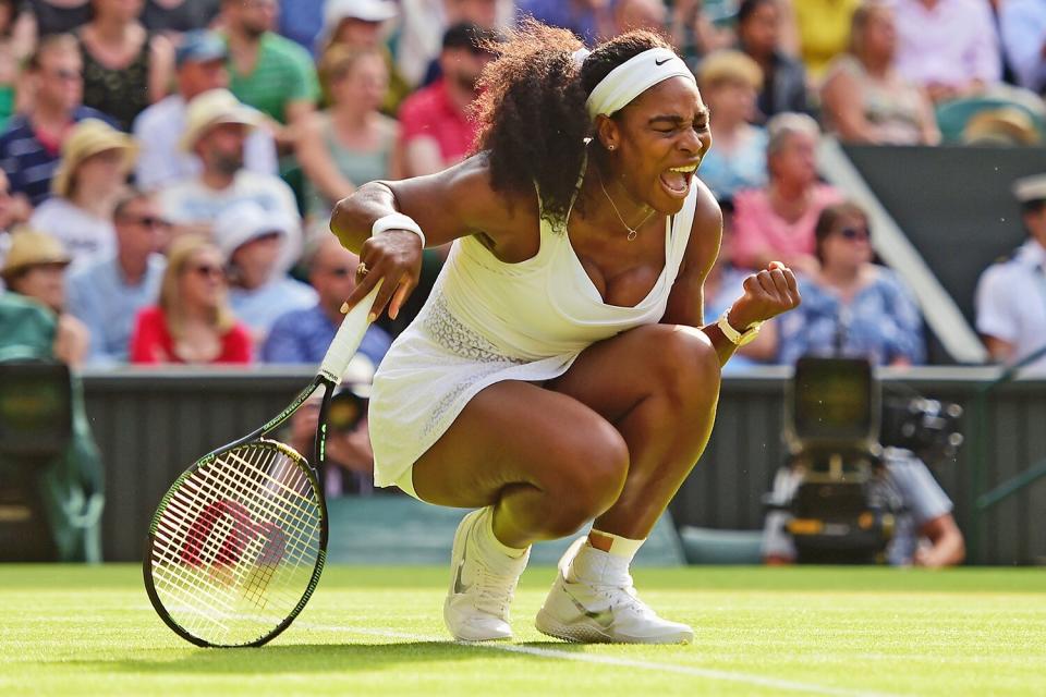 LONDON, ENGLAND - JULY 03: Serena Williams of the United States celebrates a point in her Ladies’ Singles Third Round match against Heather Watson of Great Britain during day five of the Wimbledon Lawn Tennis Championships at the All England Lawn Tennis and Croquet Club on July 3, 2015 in London, England. (Photo by Shaun Botterill/Getty Images)