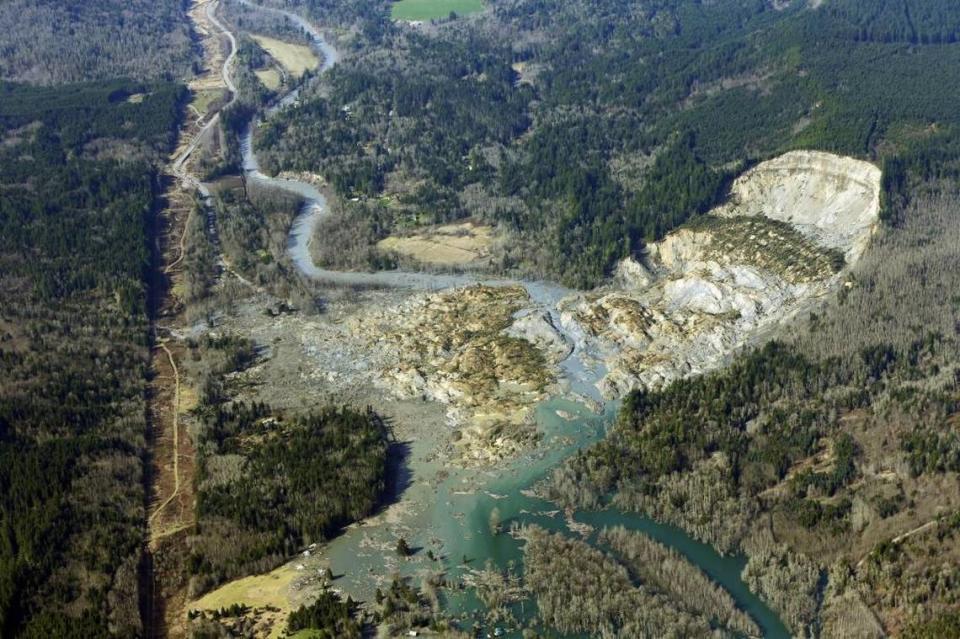 The massive mudslide that killed 43 people in the community of Oso, Wash., is viewed from the air on March 24, 2014.