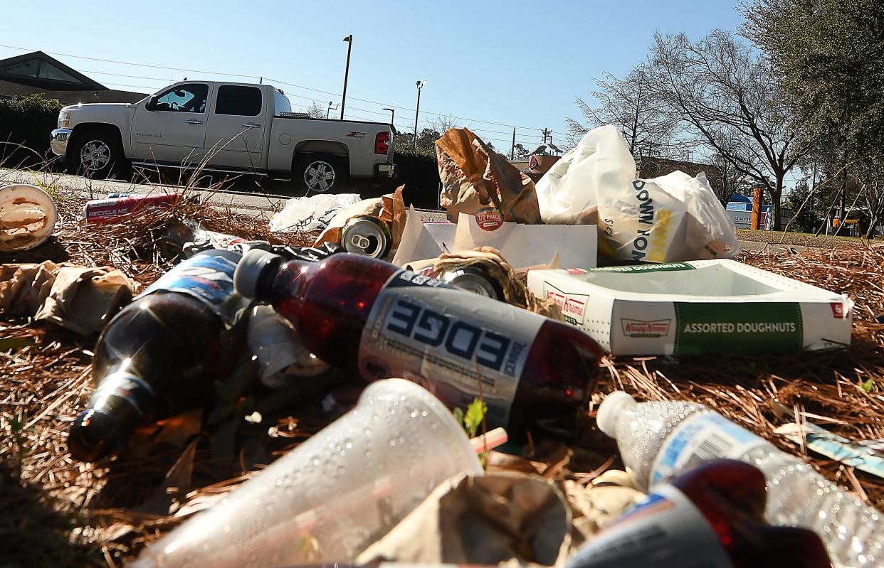 In February, trash covered the area near a bus stop along Princess Place Drive. An ongoing study from Cape Fear River Watch is working to inventory trash infrastructure at bus stops throughout Wilmington and New Hanover County.