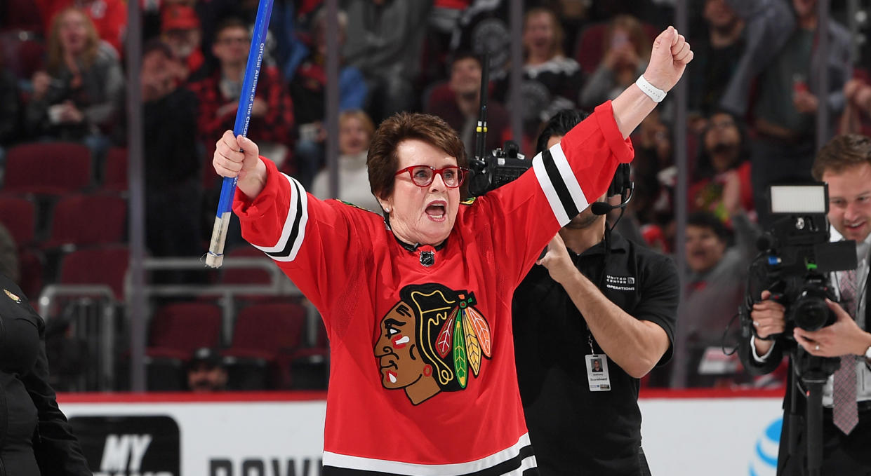 Billie Jean King reacts after making her shot during shoot the puck in between periods of the game between the Chicago Blackhawks and the Columbus Blue Jackets at the United Center on Friday night. (Photo by Bill Smith/NHLI via Getty Images)