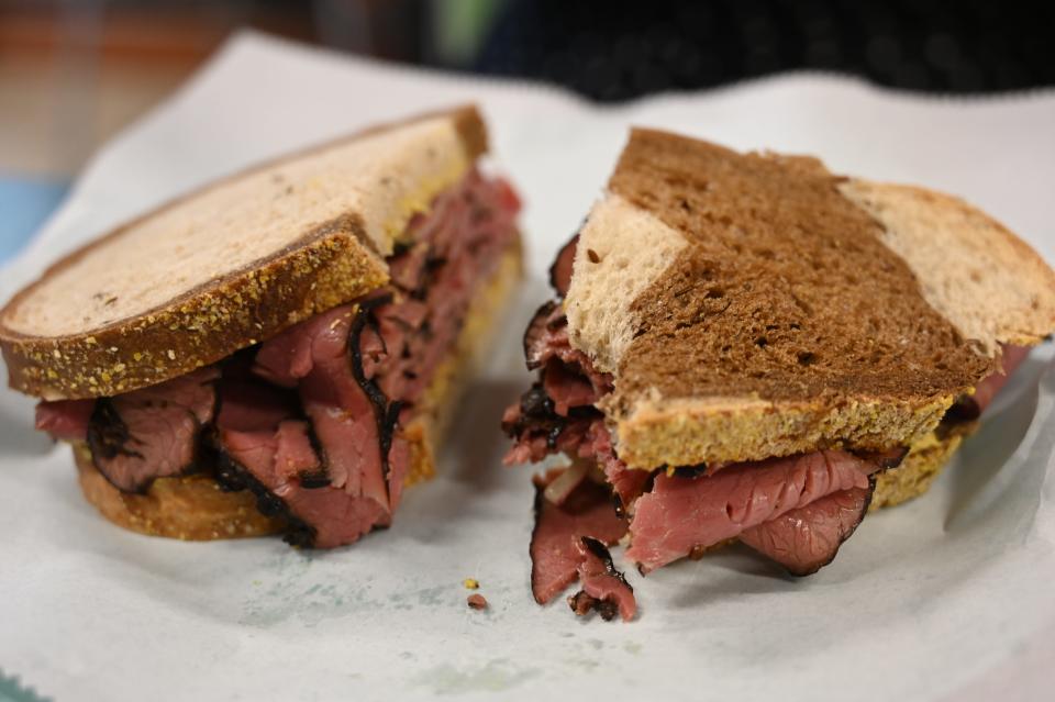 A pastrami sandwich with mustard and onions at Maccabee's Kosher Deli in Des Moines.