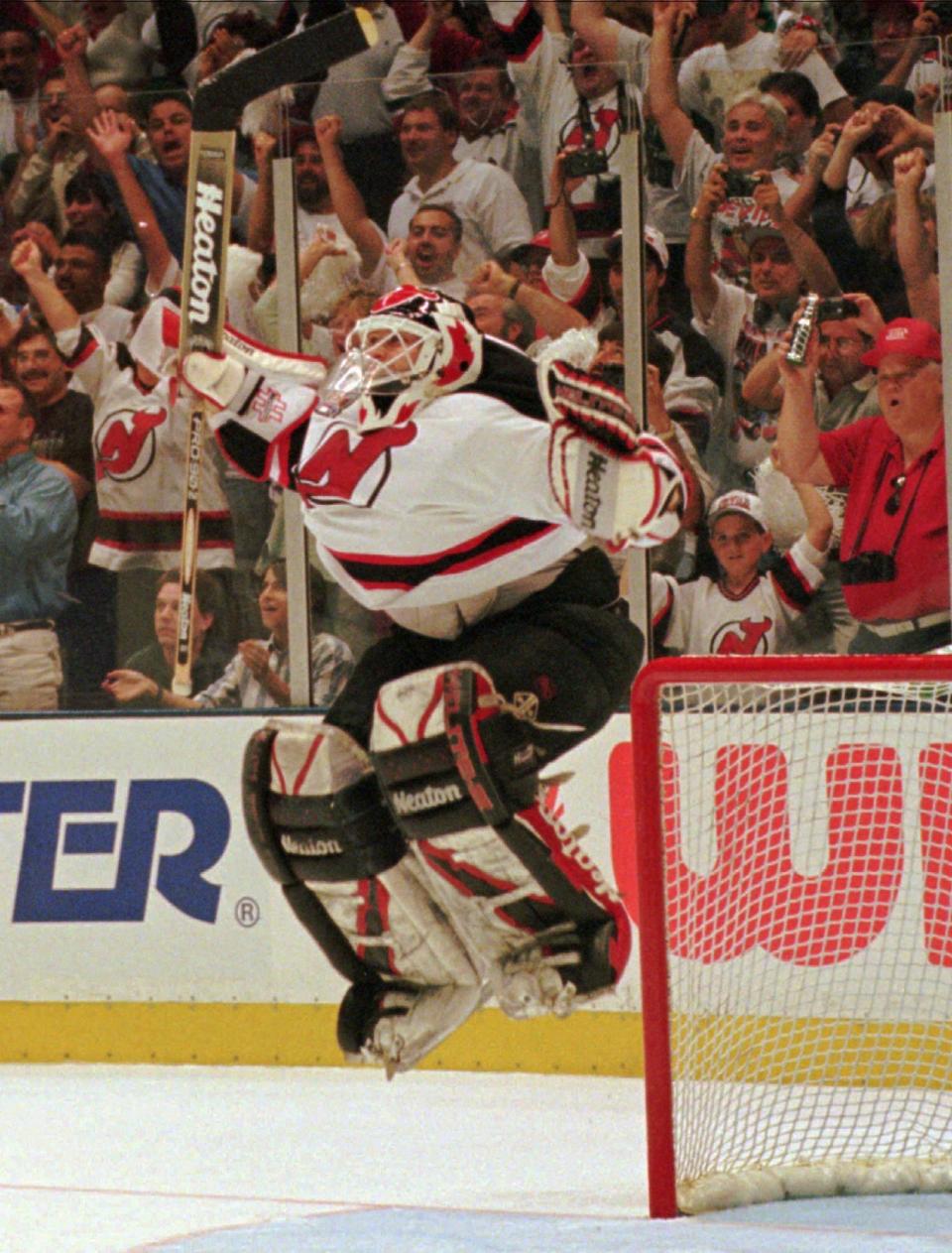New Jersey Devils goalie Martin Brodeur reacts after his team defeated the Detroit Red Wings 5-2 and swept the series 4-0 to win the Stanley Cup, June 24, 1995 at the Meadowlands Arena in East Rutherford, N.J.  (AP Photo/Bill Kostroun)