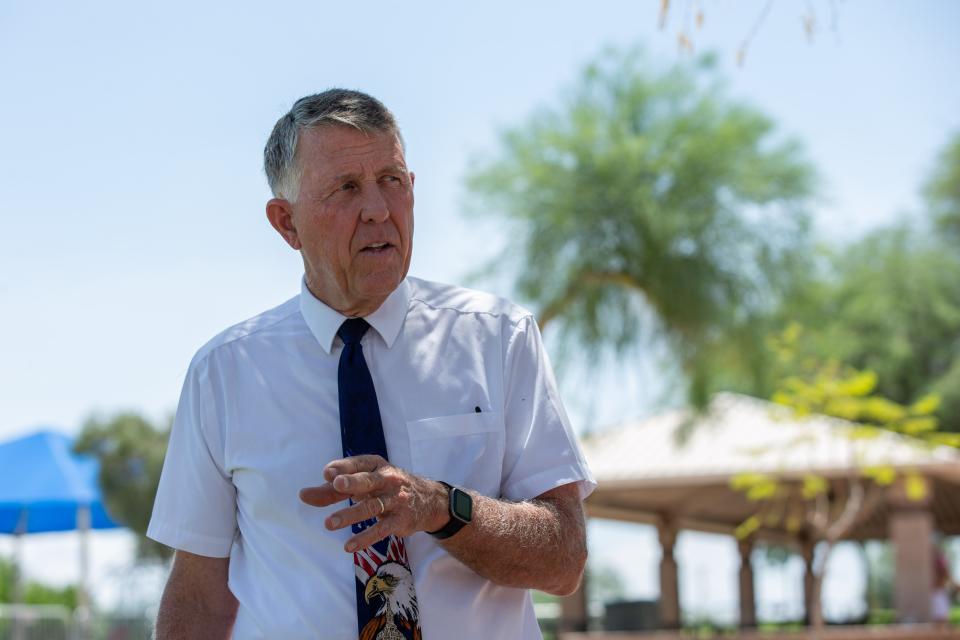 Sen. David Farnsworth speaks to a reporter after participating in a get-out-the-vote event organized by Turning Point Action in Mesa on July 30, 2022.