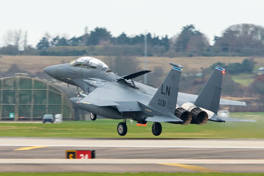 LN AF 98 131 U.S. Air Force McDonnell Douglas F-15E Strike Eagle of the 492nd Fighter Squadron (Madhatters) 48th Fighter Wing applies the air-brake RAF Lakenheath. Wednesday 15 December 2021. (Photo by Jon Hobley/MI News/NurPhoto via Getty Images)