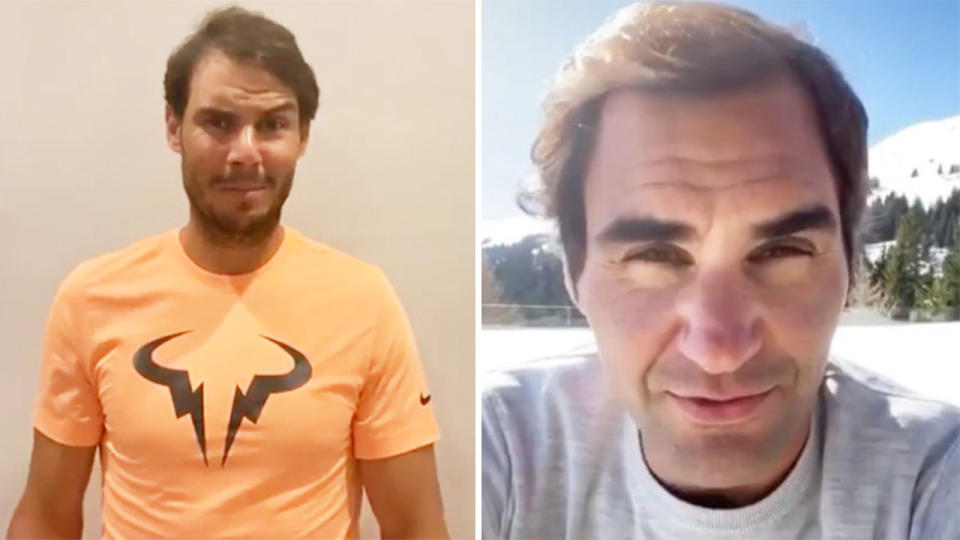 Rafael Nadal (pictured left) talks to the camera and Roger Federer (pictured right) shares a message to fans.