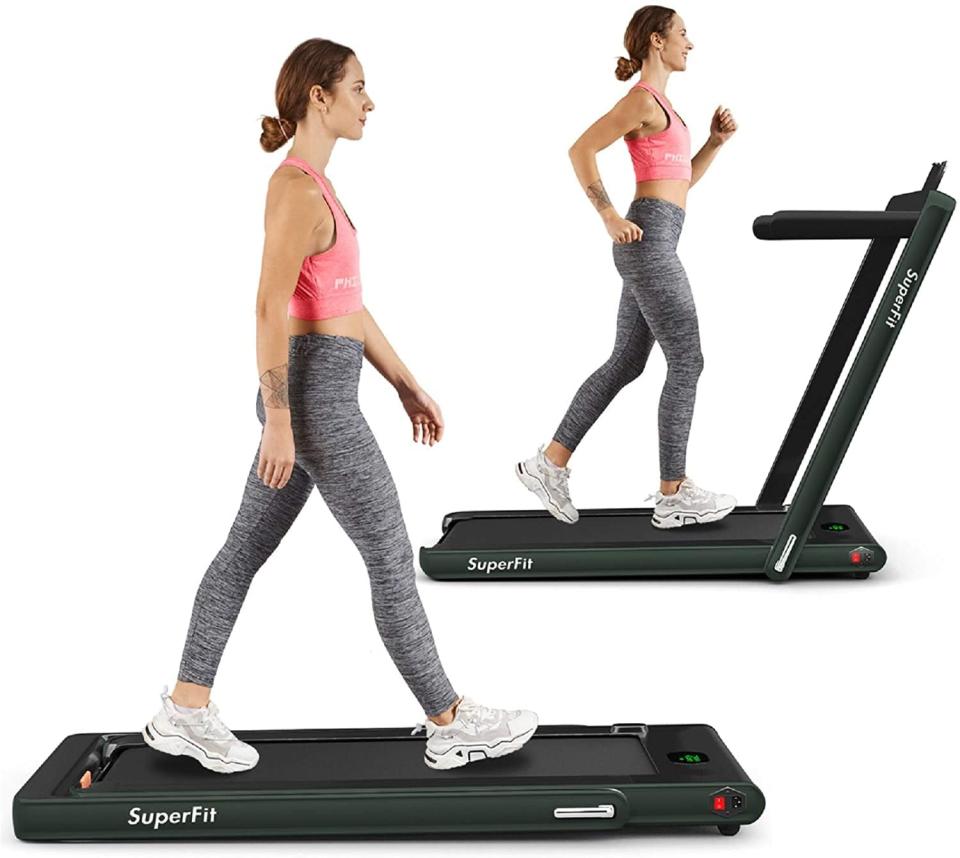 <p>Treadmill fans need not read much further! If you're someone who just wants a good walk during the workday, the <span>Goplus 2 in 1 Folding Treadmill</span> ($370) is a great choice for you. This foldable treadmill can be put into walking or running mode. In walking mode, a standing desk can fit perfectly over the very front of the machine, allowing you to walk it out while you work it out on your computer.</p>