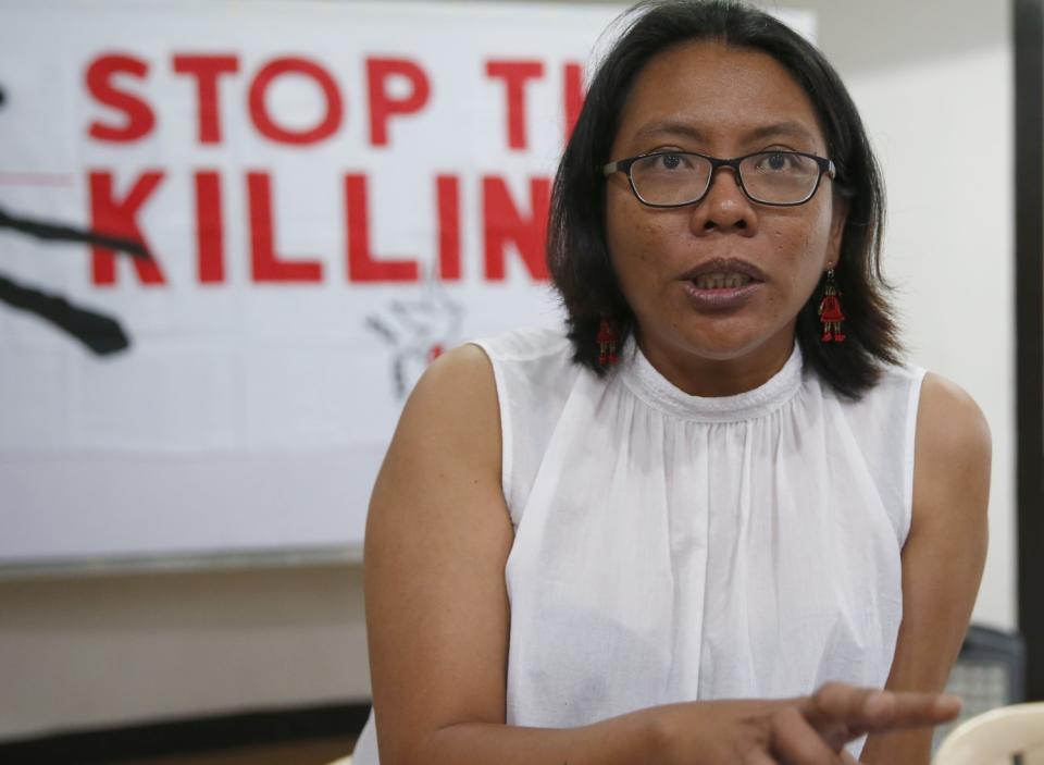Human rights worker Cristina Palabay talks to the media in Quezon City, Philippines, in 2019.