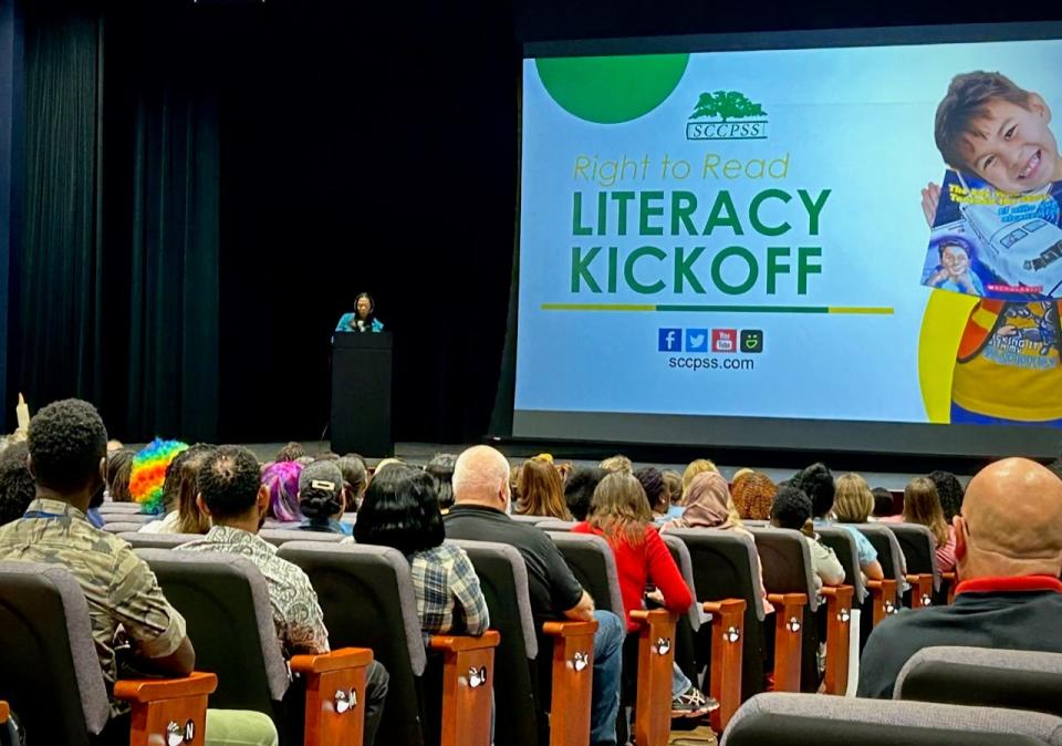 Superintendent Denise Watts speaks to audience of SCCPSS educators as part of the district's Literacy Kickoff event on Friday Oct. 6, 2023.