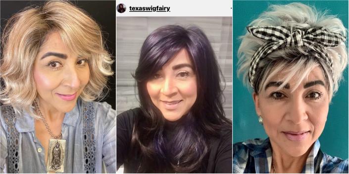 a woman poses in 3 different wigs in 3 photos
