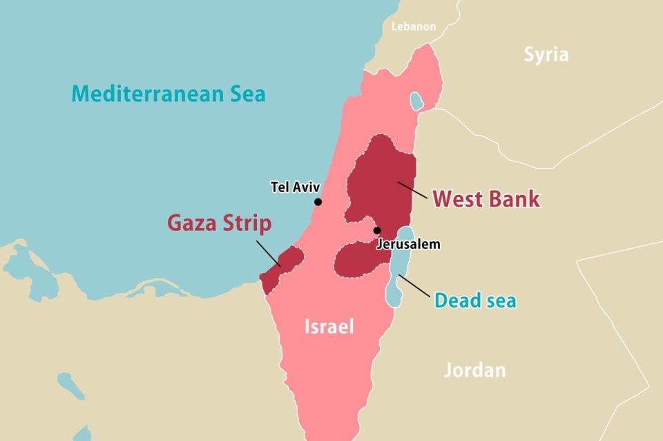 A map shows Israel and the Palestinian territories of Gaza and the West Bank, and Israel's borders with neighboring countries Lebanon, Syria, Jordan, and Egypt's Sinai Peninsula (not labeled) to the southwest.  / Credit: Getty/iStockphoto