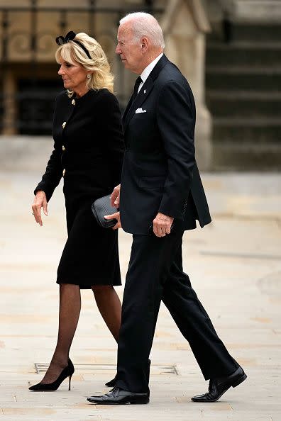Jill Biden and U.S. President, Joe Biden arrive ahead of the State Funeral of Queen Elizabeth II at Westminster Abbey on September 19, 2022, in London.