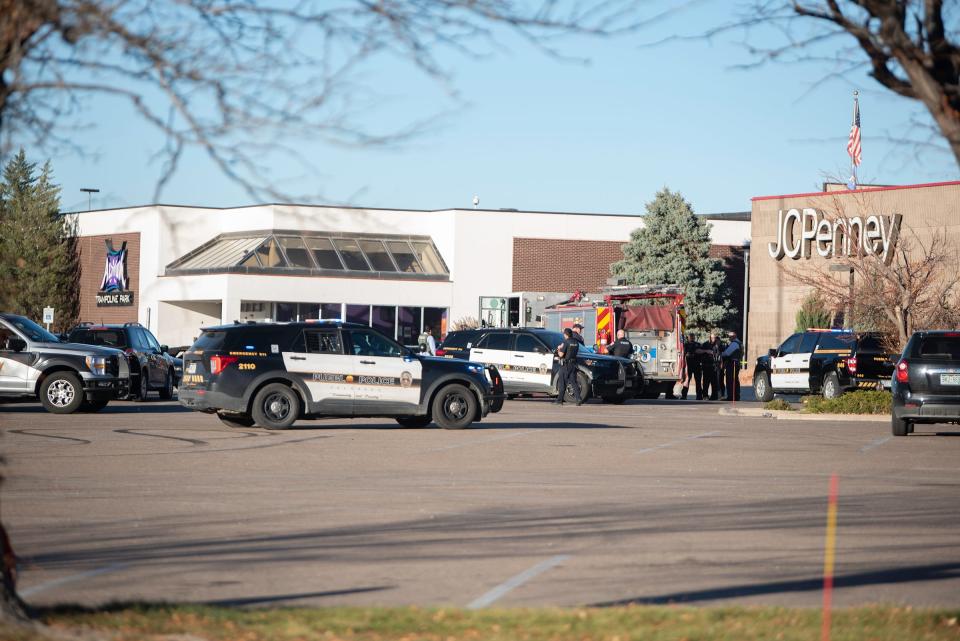 Pueblo law enforcement investigate after an incident at the Pueblo Mall where a vehicle drove through the west side doors on Tuesday, November 14, 2023.