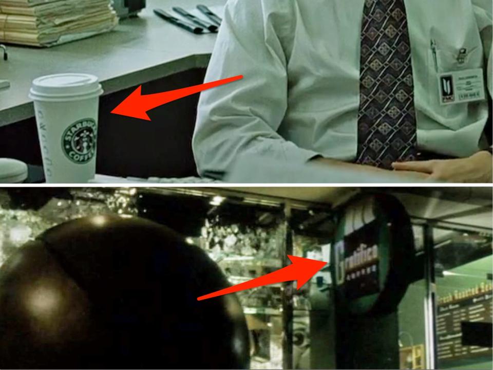 Starbucks cup in "Fight Club" (1999) and a coffee shop in another scene that isn't Starbucks.
