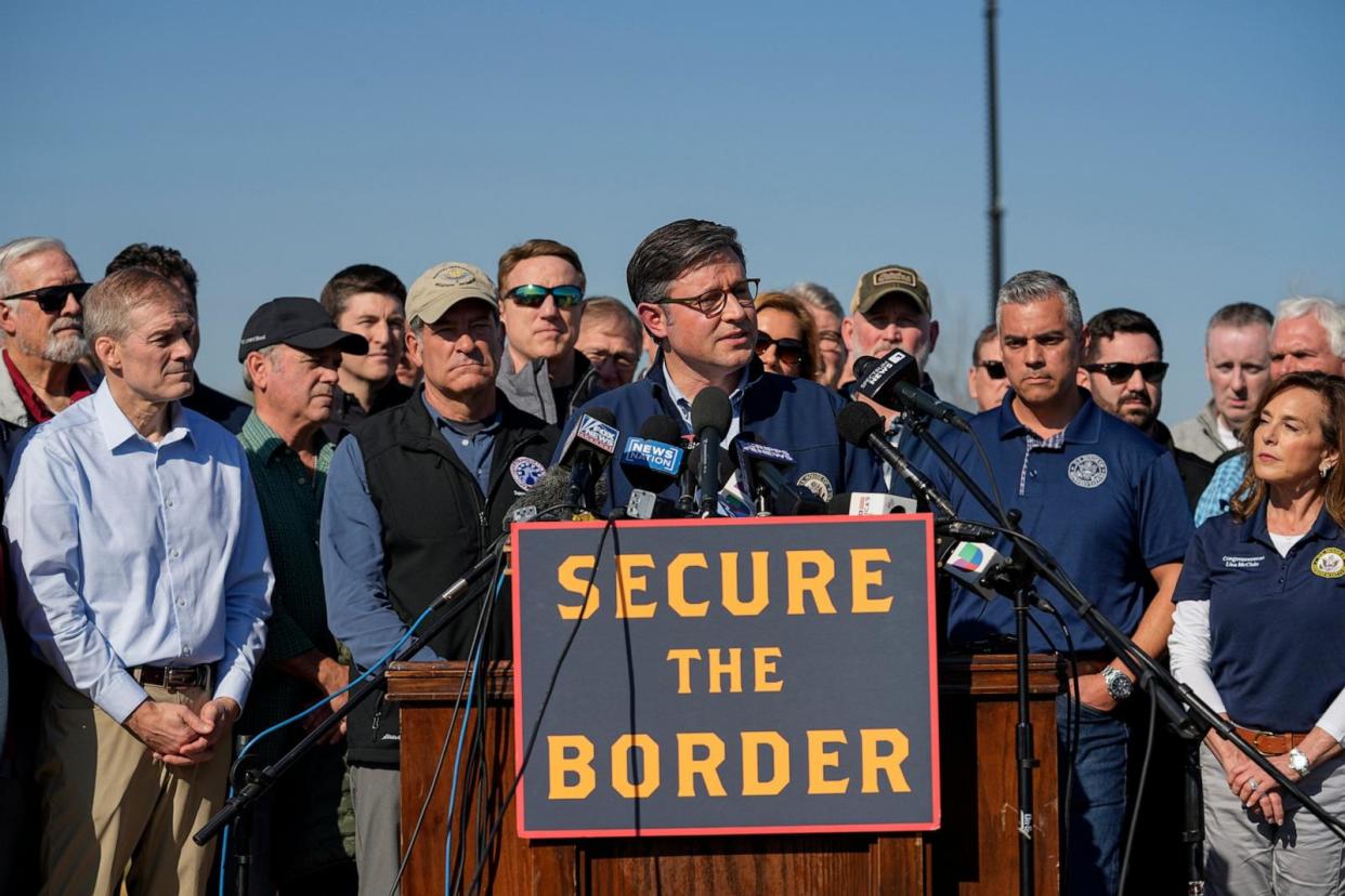 PHOTO: House Speaker Mike Johnson speaks while standing with Republican members of Congress, Jan. 3, 2024, in Eagle Pass, Texas. (Eric Gay/AP)