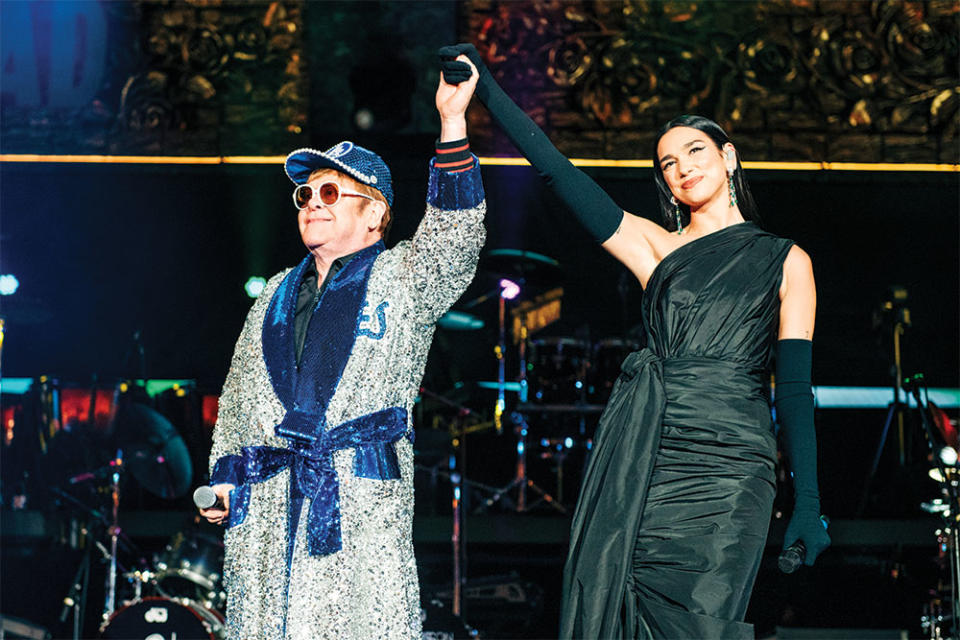 Elton John with Dua Lipa, who joined him onstage to perform “Cold Heart.”