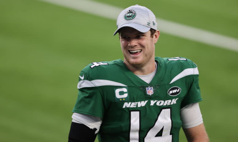 New York Jets quarterback Sam Darnold smiles after the win.