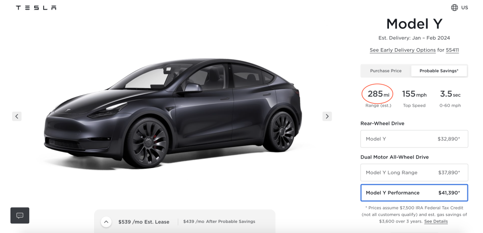 A range estimate for Model Y.