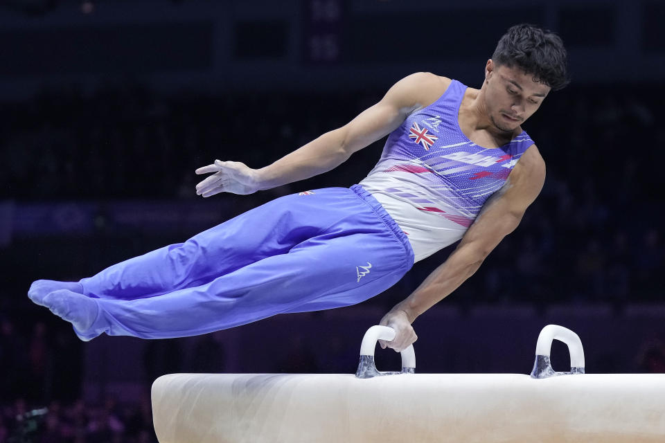 Jake Jarman performs on the pommel horse on his way to fifth place in the men's all-around final at the World Gymnastics Championships