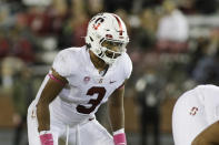 Stanford linebacker Levani Damuni lines up for a play during the second half of an NCAA college football game against Washington State, Oct. 16, 2021, in Pullman, Wash. Stanford has embraced bringing in players such as Damuni after their two-year Mormon missions, valuing their life experience. (AP Photo/Young Kwak)