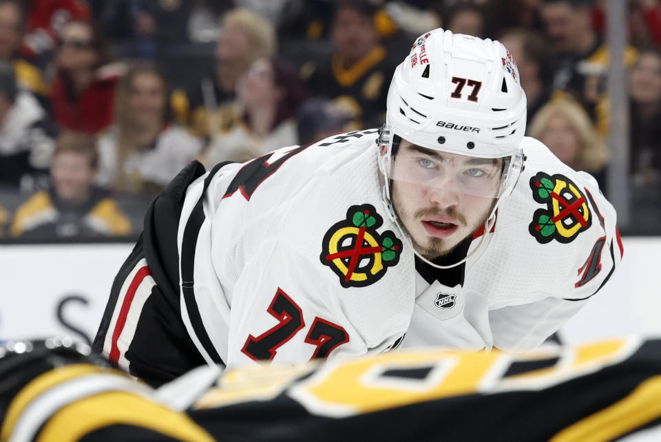 Canadiens center Kirby Dach, pictured here with the Blackhawks, is a risky, upside pick for fantasy hockey managers.