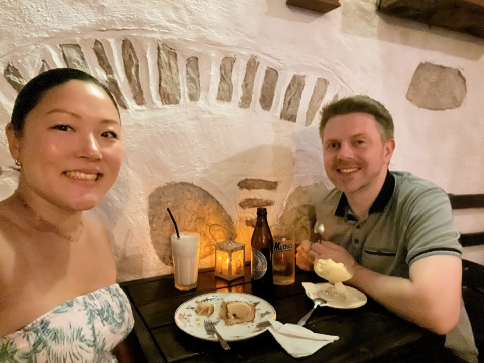 Iain Hawthorn and Lucy Chang pictured ‘during happier times’ on a visit to Symi, near Rhodes (Lucy Chang)