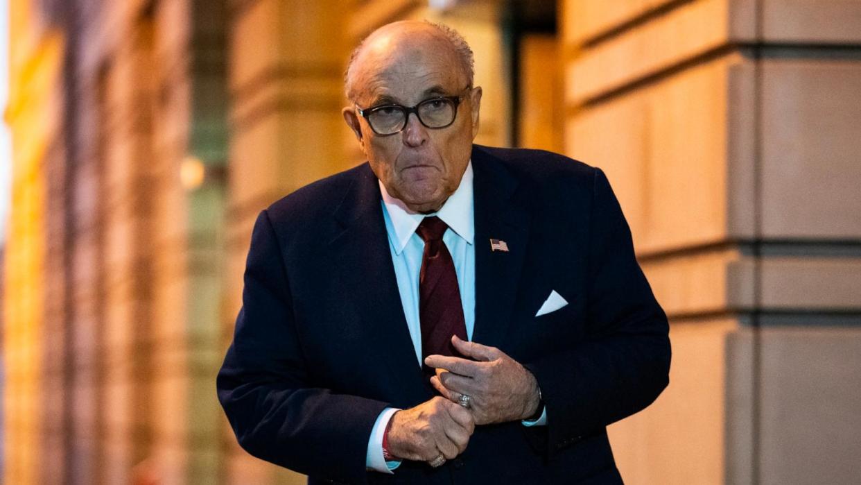 PHOTO: In this Dec. 11, 2023 file photo, Rudy Giuliani, the former personal lawyer for former U.S. President Donald Trump, departs the E. Barrett Prettyman U.S. District Courthouse in Washington. (Drew Angerer/Getty Images, FILE)