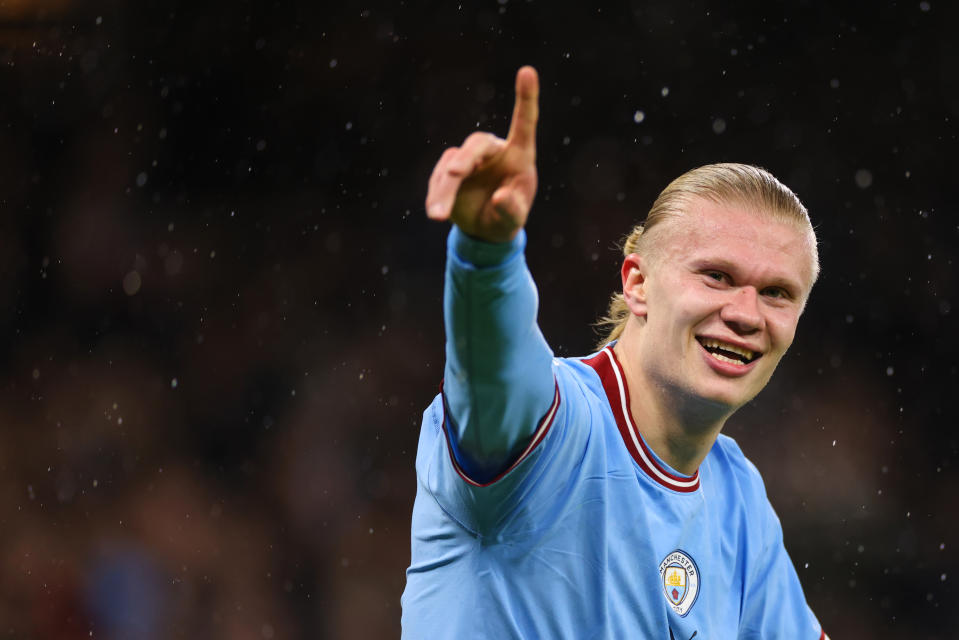 MANCHESTER, ENGLAND - MARCH 14: Erling Haaland of Manchester City celebrates during the UEFA Champions League round of 16 leg two match between Manchester City and RB Leipzig at Etihad Stadium on March 14, 2023 in Manchester, United Kingdom. (Photo by Marc Atkins/Getty Images)